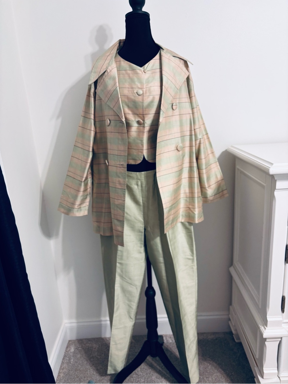 Laina Westerland Women’s Silk size 4 swing jacket vest pants set pink mint green